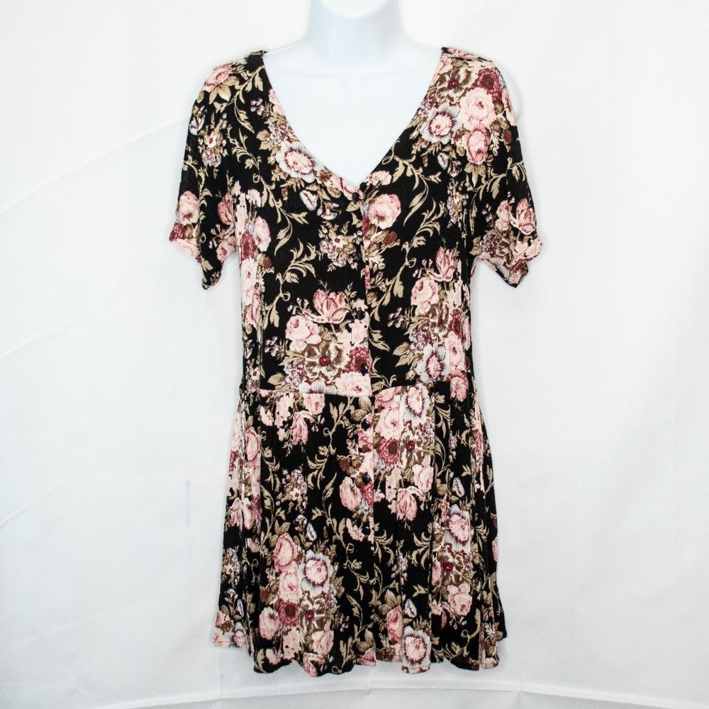 Staring at Stars Floral Tunic Top Women XS Black Boho Cold Shoulder Blouse E10